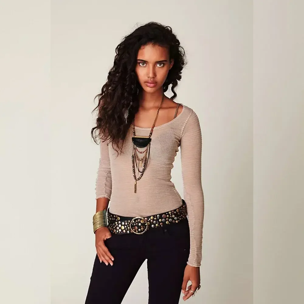 Free People Striped Burnout Top - Sand - Size Large